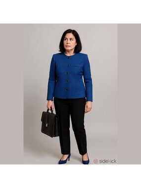 Women's Le Suit Blue Black Wool Blend Houndstooth Blazer Jacket Size 8
